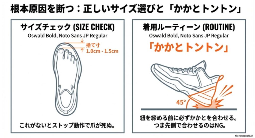 つま先に1.0cm〜1.5cmの捨て寸を確保することと、紐を締める前に45度の角度で「かかとトントン」をして合わせる手順の解説。