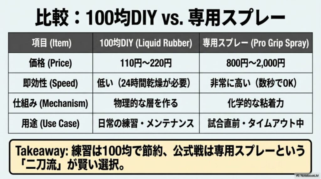 100均グッズと専用スプレーの価格、即効性、仕組み、用途を比較した表。練習は100均、試合は専用スプレーという「二刀流」を推奨する内容。