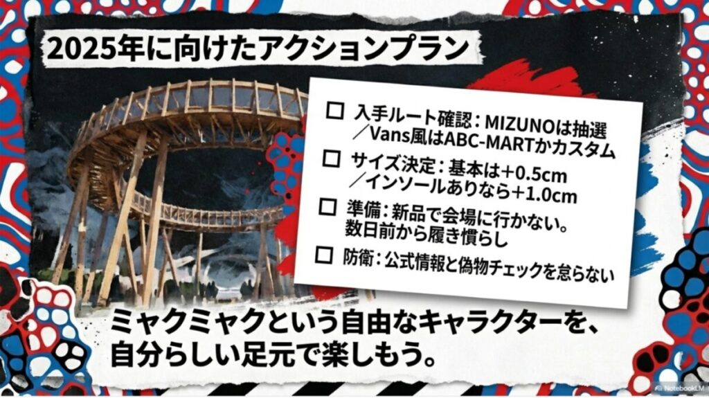 入手ルートの確認、サイズ決定、数日前からの履き慣らし、偽物チェックなど、万博に向けた行動計画のチェックリスト。