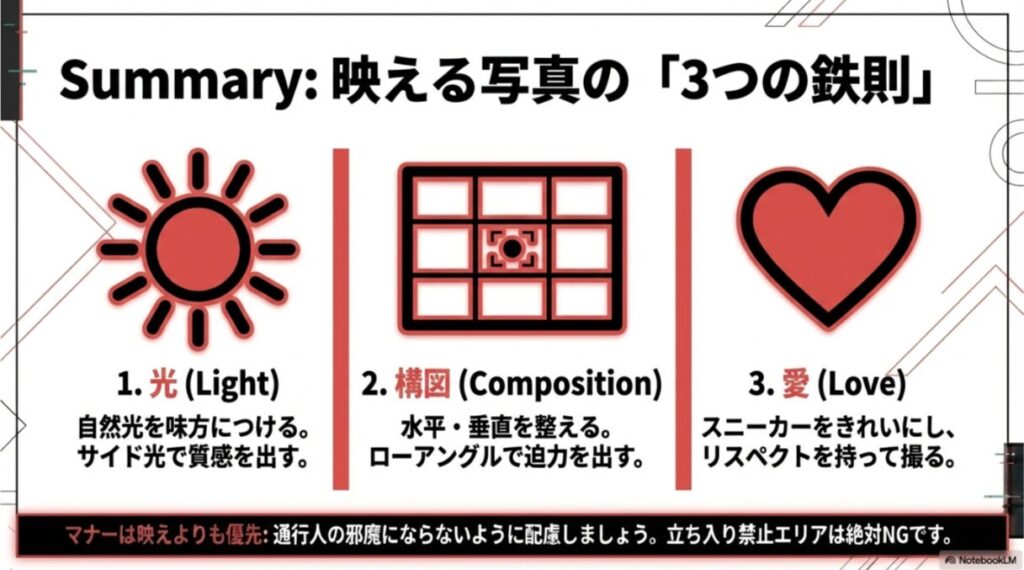 グリッド線の重要性と、水平・垂直を整えること、ローアングルの迫力についてまとめたチェックリスト形式のスライド。