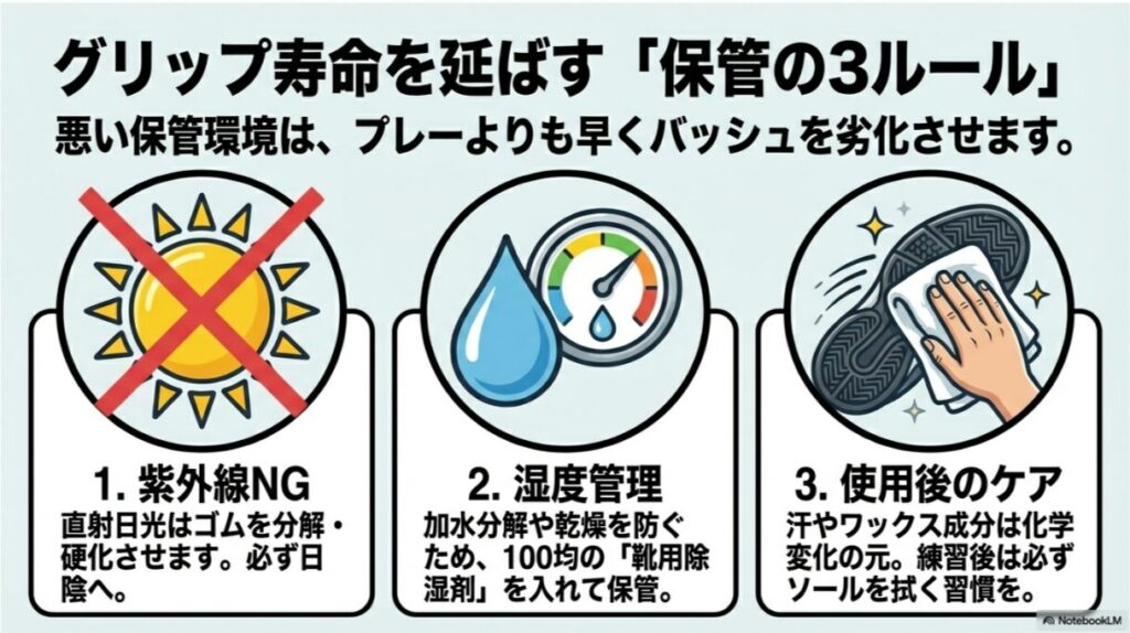 紫外線NG（日陰保管）、湿度管理（靴用除湿剤）、使用後のケア（ソールを拭く）の3点を、湿度計やソールの清掃イラストと共に示したスライド。