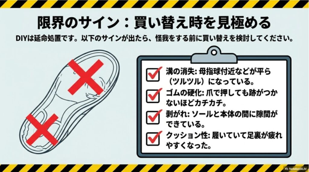 溝の消失、ゴムの硬化、ソールの剥がれ、クッション性の低下という4つの限界サインを、バツ印のついたソールのイラストで示したスライド。
