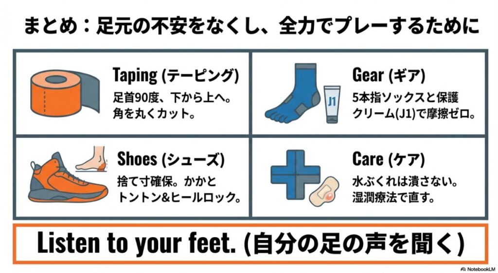 テーピング（90度固定）、シューズ（ヒールロック）、ギア（5本指・J1）、ケア（湿潤療法）の全ポイントを網羅したチェックリスト。