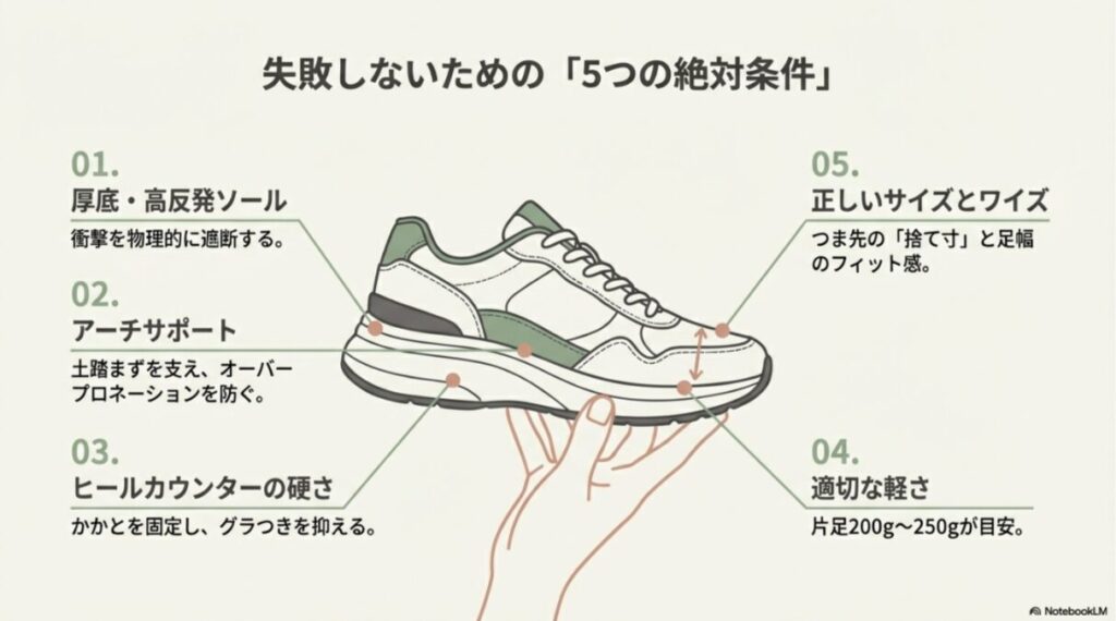 厚底・高反発ソール、アーチサポート、ヒールカウンターの硬さ、適切な軽さ、正しいサイズとワイズの5つのポイントをまとめたリスト。