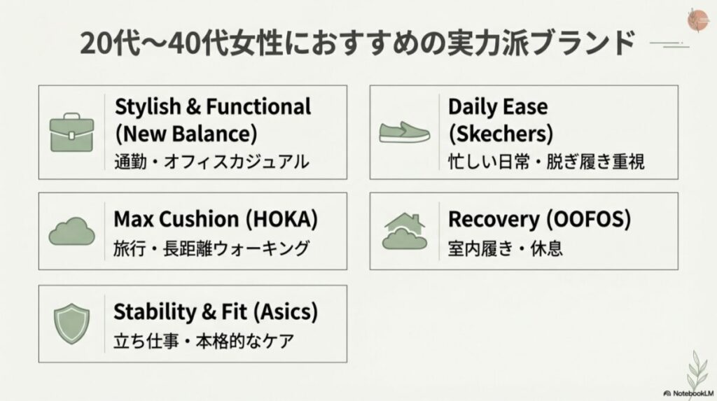 ニューバランス、HOKA、アシックス、スケッチャーズ、ウーフォスの5ブランドを、それぞれの得意シーン（通勤、旅行、立ち仕事など）別にまとめた一覧スライド。