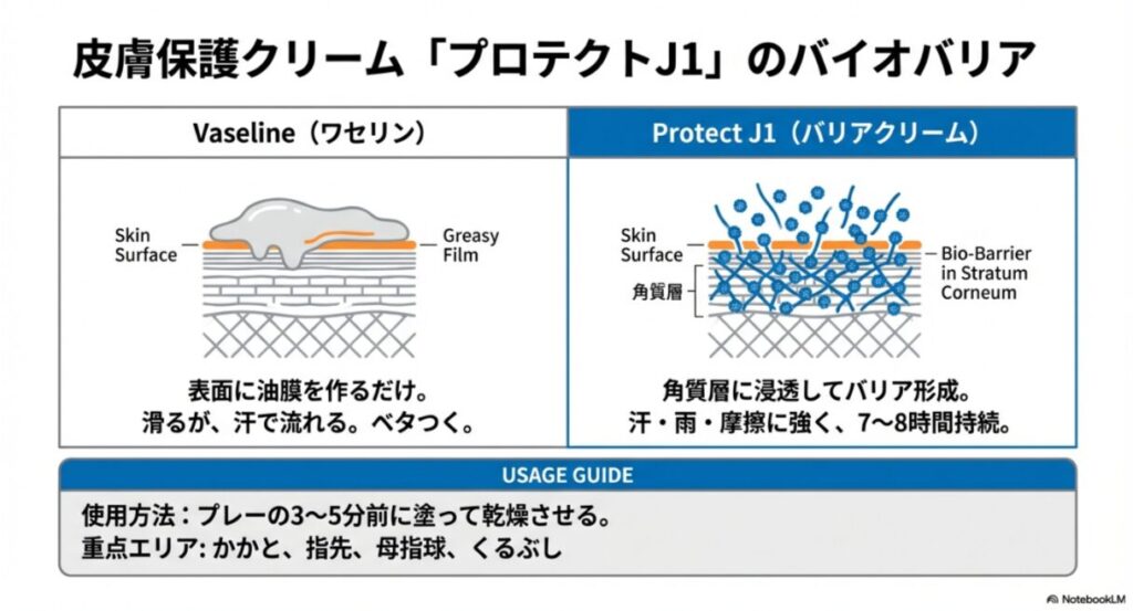 表面に油膜を作るだけのワセリンと、角質層に浸透して7〜8時間持続するバイオバリアを形成するプロテクトJ1の性能比較表。