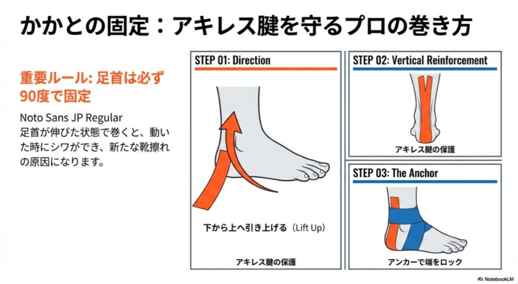 足首を90度に固定し、かかとを下から上へ引き上げるように貼るステップと、アキレス腱を保護する縦の補強、最後にアンカーでロックする手順のイラスト。