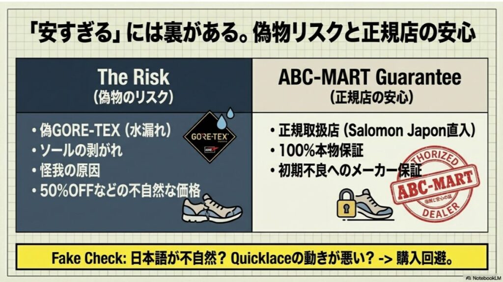 偽GORE-TEXやソールの剥がれといった偽物リスクと、ABC-MARTが100%本物保証の正規取扱店であることを対比させたスライド。