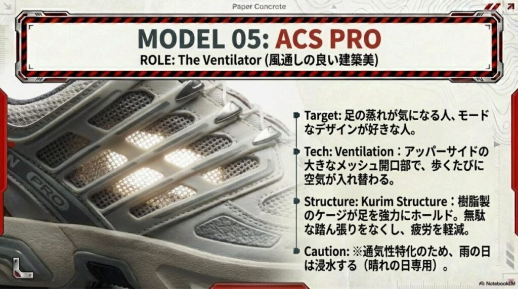 ACS PROの紹介。アッパーサイドのベンチレーションによる通気性と、足を強力にホールドするKurim Structureについて解説したスライド。