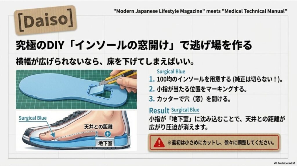 インソールの小指部分を切り抜き、小指を「地下室」へ逃がすことで天井との距離を作る仕組みの図解。