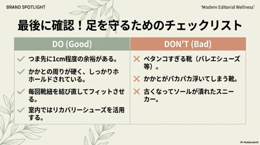 良い例（1cmの余裕、かかとのホールド）と悪い例（ペタンコ靴、古い靴）を比較表でまとめた最終チェックリスト。