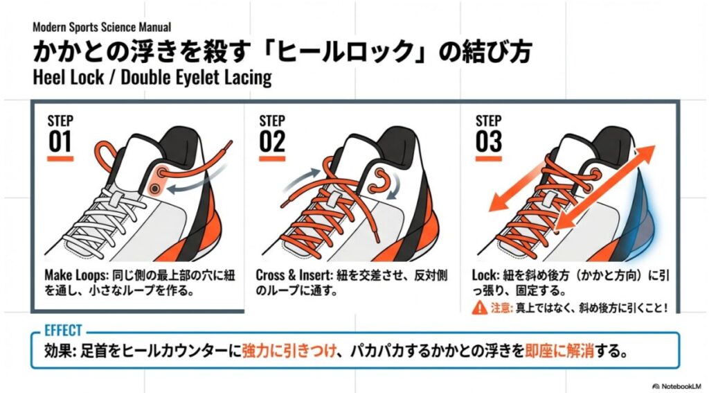 最上部の穴でループを作り、紐を交差させて通し、斜め後方（かかと方向）に引っ張って固定する3ステップの手順。