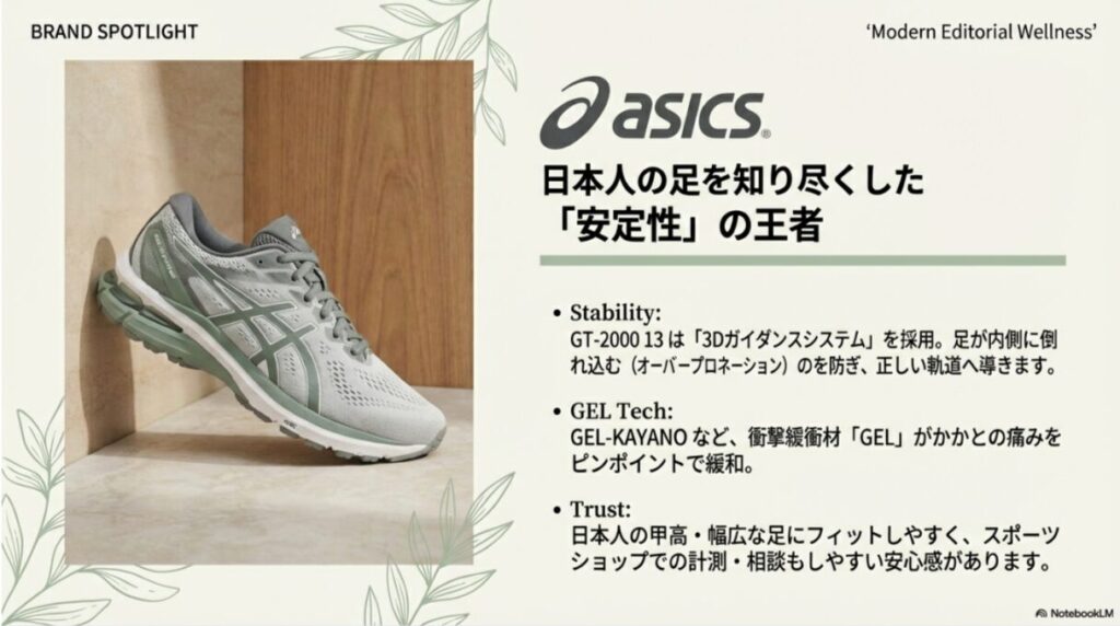 GT-2000 13の画像と共に、オーバープロネーションを防ぐガイダンスシステムと衝撃緩衝材GELを解説するスライド。