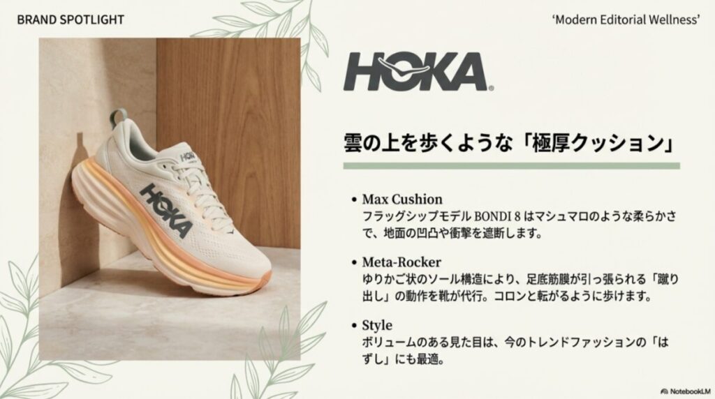 BONDI 8の画像と共に、マシュマロのようなクッションと転がるように歩けるメタロッカー構造を解説するスライド。