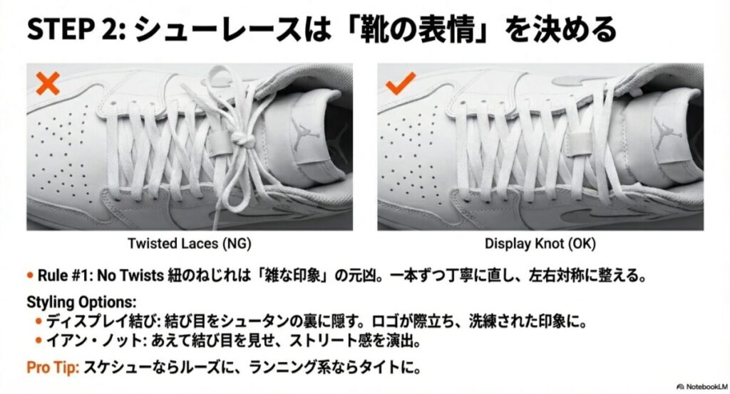 靴紐がねじれた状態（NG）と、ねじれがなく左右対称に整えられ、結び目を隠した「ディスプレイ結び」の状態（OK）を比較した写真。