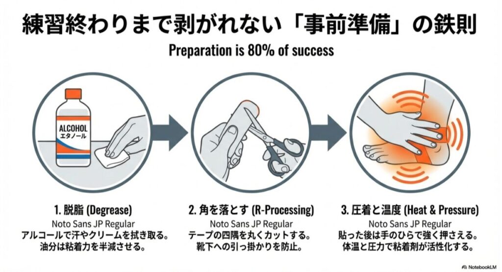 隣り合う指を2本まとめて固定し、間にガーゼを挟むことで蒸れと摩擦を同時に防ぐ方法の図解。