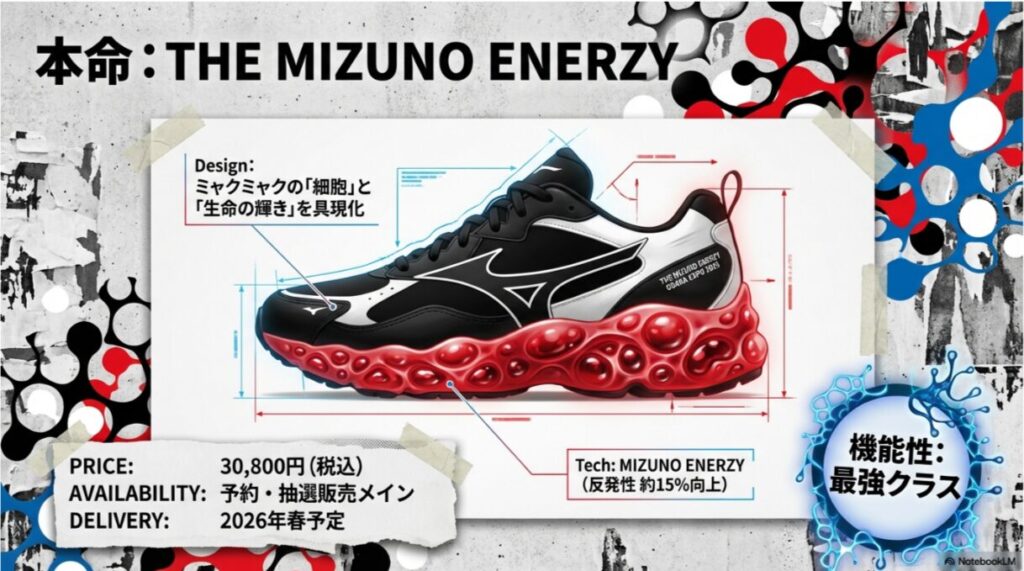 ミャクミャクの細胞を具現化した赤いボコボコしたソールが特徴的なミズノのスニーカー画像。価格30,800円、2026年春予定、反発性15%向上の説明。