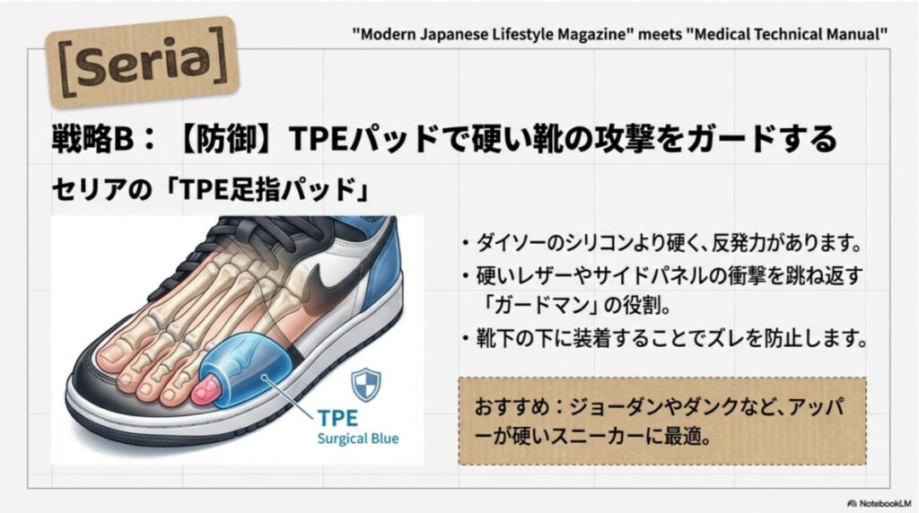 硬い靴の壁から小指を守るために、弾力のあるTPE素材のパッドを装着している様子。