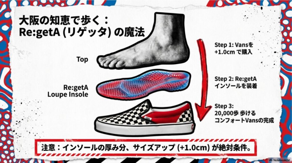 Vansを+1.0cmで購入し、リゲッタのルーペインソールを装着して20,000歩歩ける仕様にする3ステップの解説。