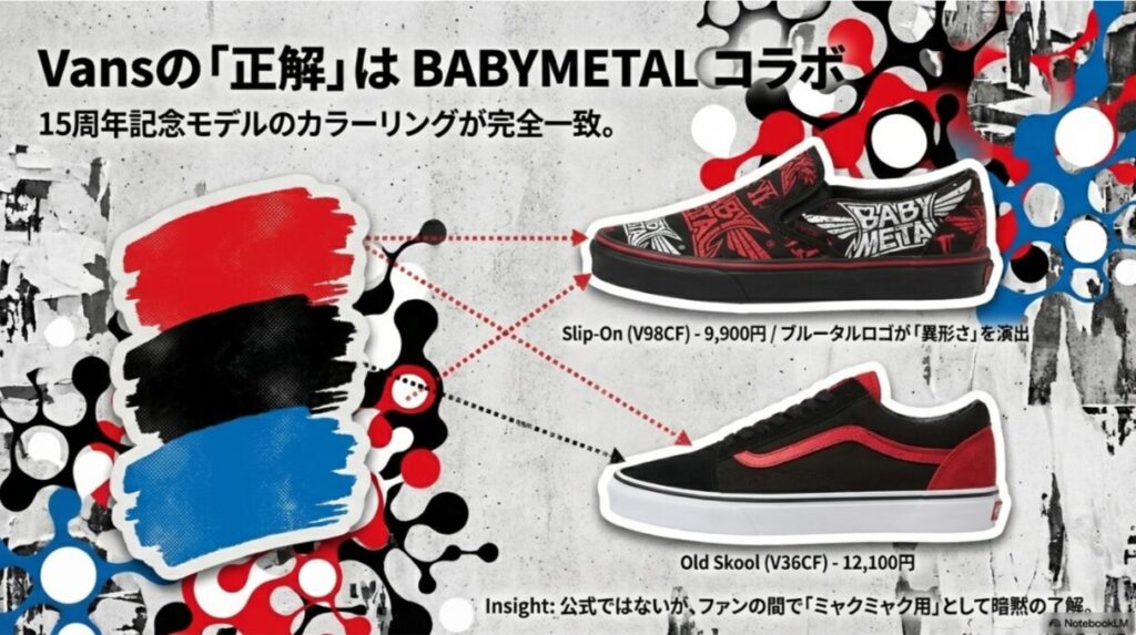 BABYMETAL 15周年記念モデルのVansスリッポンとオールドスクールの紹介。カラーリングがミャクミャクと一致しているという解説。