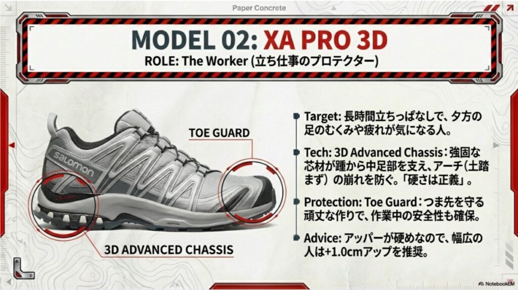 XA PRO 3D V9の紹介スライド。3D Advanced Chassisによる強固なサポートと、つま先を守るトゥーキャップなどのタフな機能を解説。