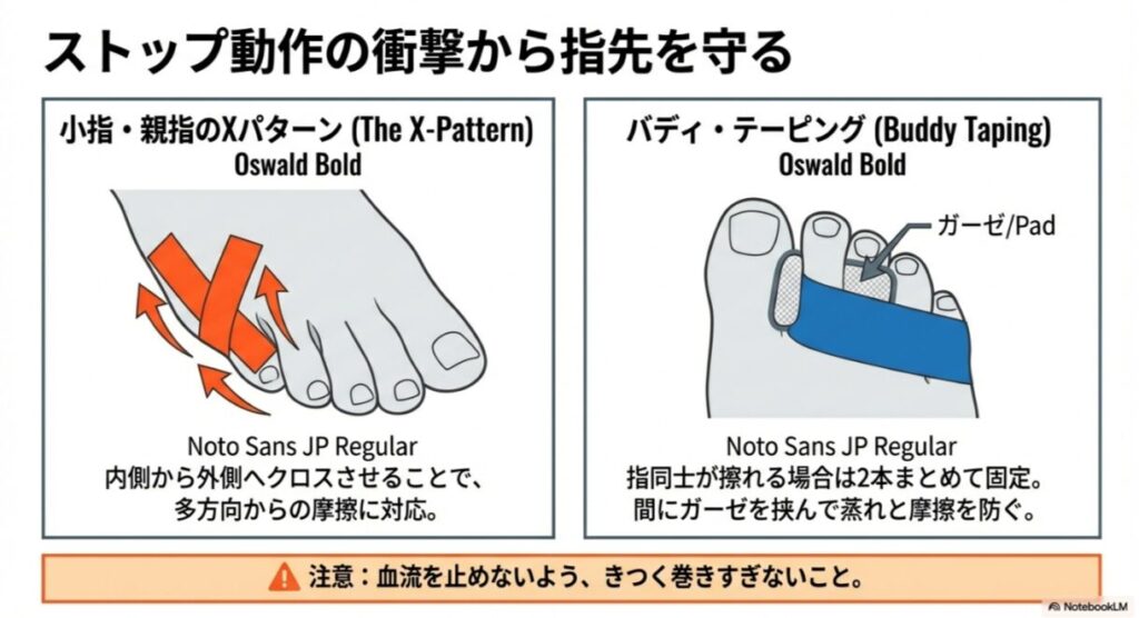 指の側面を保護するために、テープを内側から外側へクロスさせて貼る「Xパターン」の解説図。