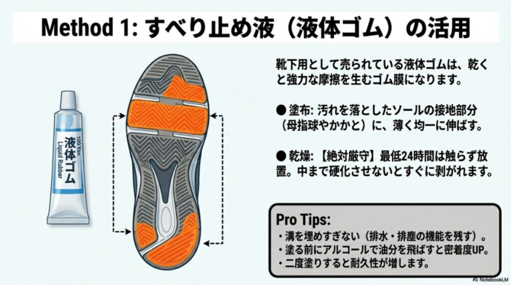 バッシュのソール（母指球やかかと）に液体ゴムを塗布するイメージ図と、24時間乾燥の厳守、溝を埋めすぎない、二度塗りで耐久性アップなどのコツがまとめられたスライド。