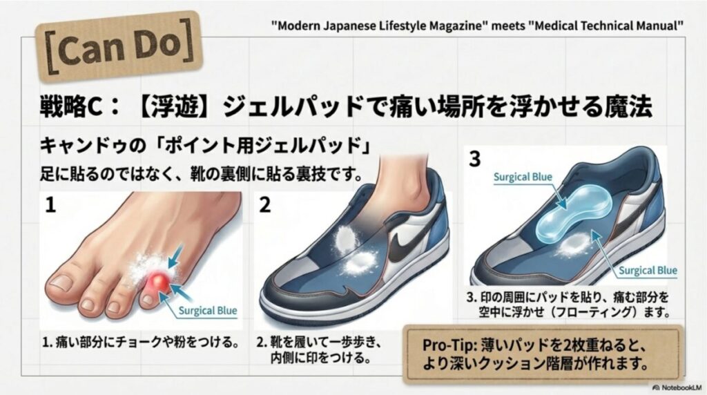 靴の内側の痛む場所にジェルパッドを貼り、小指を浮かせて圧力を逃がす3ステップの解説。