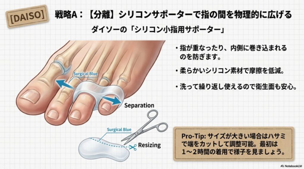 シリコンサポーターを足指に装着して物理的に間隔を広げ、摩擦を低減させる方法の解説。
