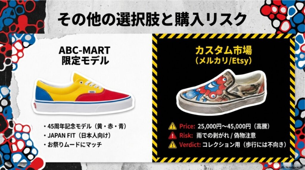 ABC-MART限定モデルやカスタム市場(メルカリ等)の価格相場(25,000円〜45,000円)と、剥がれや偽物への注意喚起。