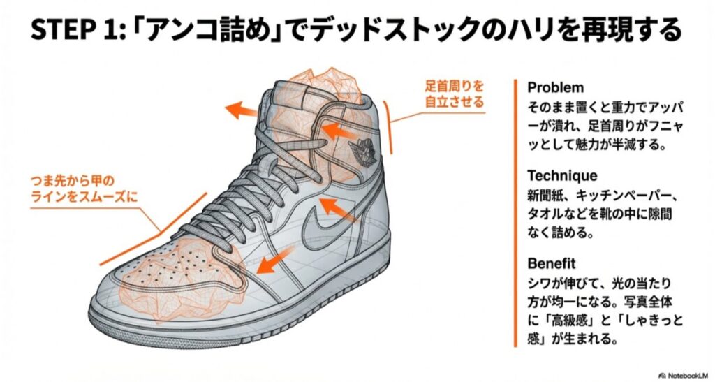 スニーカーの内部に詰め物をする図解。つま先から甲のラインをスムーズにし、足首周りを自立させることでシワを伸ばし、高級感を出すテクニックの紹介。