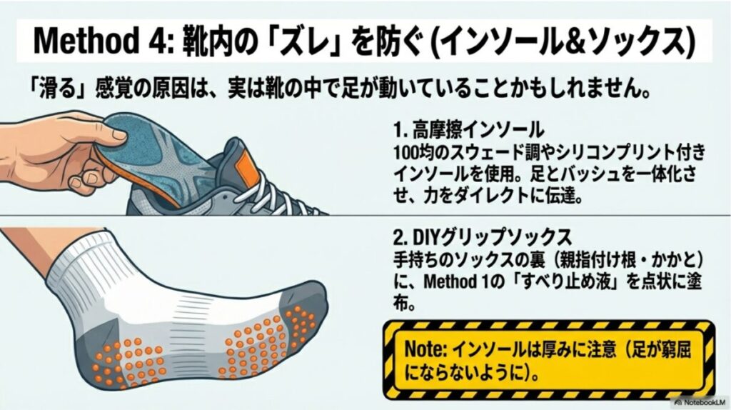 高摩擦インソールの使用や、靴下裏への滑り止め液塗布によるDIYグリップソックスの作り方を説明したスライド。