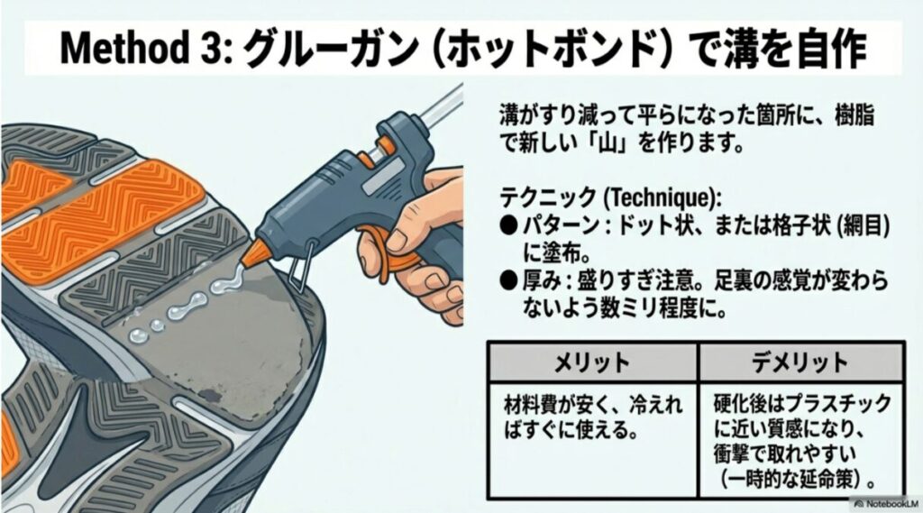グルーガンでソールにドット状や格子状の樹脂を塗布するイラスト。メリット（安価・即効性）とデメリット（衝撃で取れやすい）の比較表が含まれたスライド。
