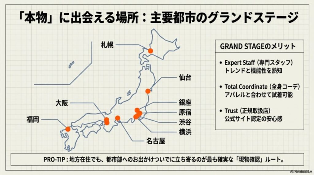 札幌、仙台、銀座、原宿、渋谷、横浜、名古屋、大阪、福岡の主要都市リストと、専門スタッフや全身コーデが可能といったGRAND STAGEのメリットをまとめたスライド。