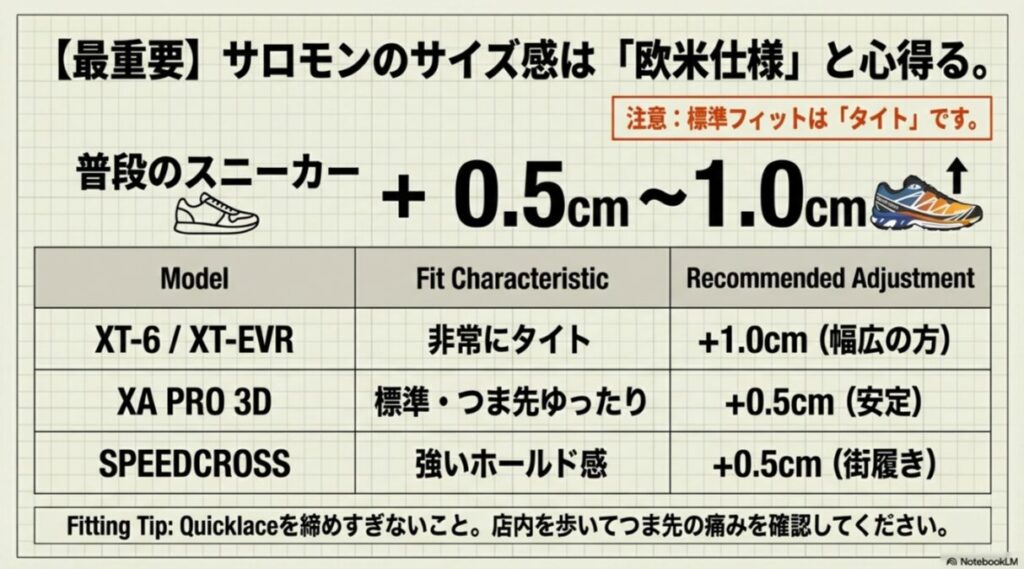 XT-6/XT-EVR、XA PRO 3D、SPEEDCROSSのモデルごとに、タイトなサイズ感や推奨されるサイズ調整（+0.5cm〜1.0cm）をまとめた比較表。