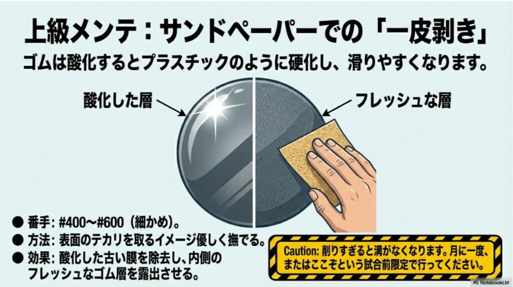 酸化して硬くなったゴムの層をサンドペーパー（#400〜#600）で削り、内側のフレッシュな層を露出させる方法と、削りすぎへの注意を促すスライド。