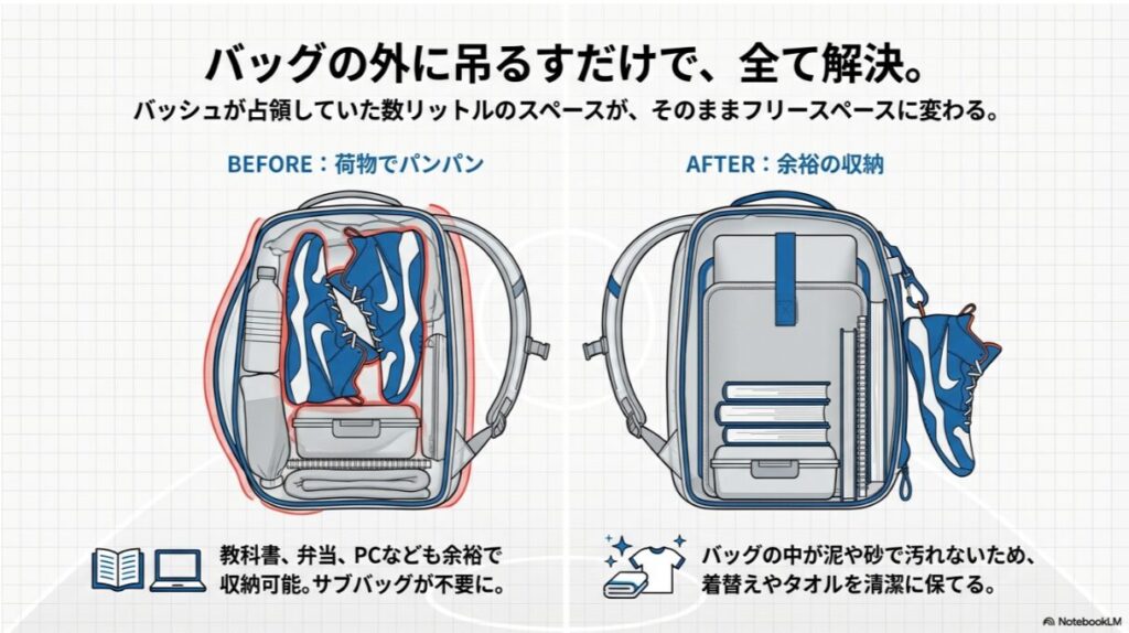 ビフォーアフターの比較図。バッシュを中に入れたパンパンのリュックと、クリップで外に出すことで教科書やお弁当、PCを余裕を持って収納できたリュックのイラスト。