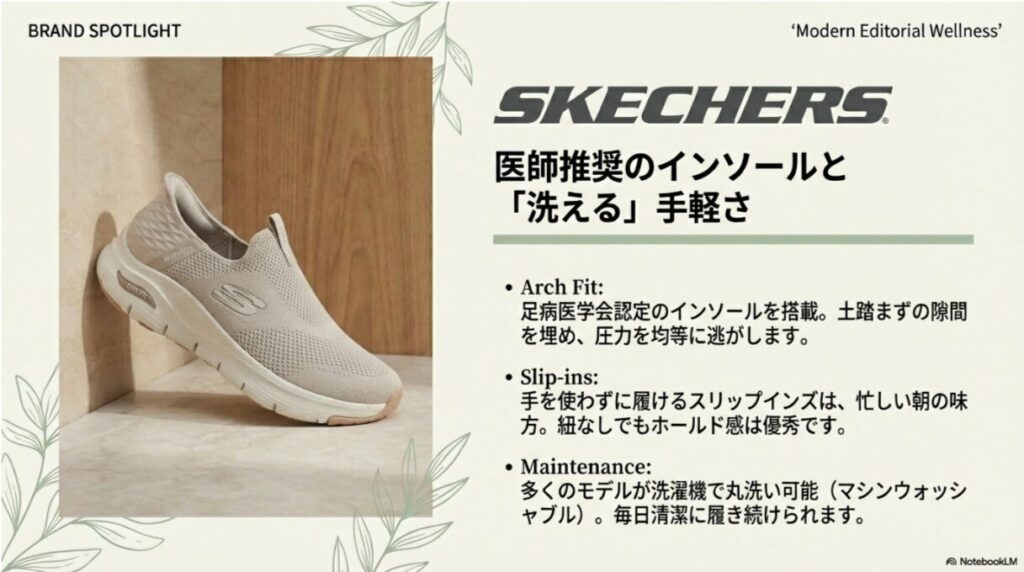 スリッポンモデルの画像と共に、足病医学会認定のArch Fitインソールや手を使わず履けるSlip-ins、丸洗い機能を解説するスライド。