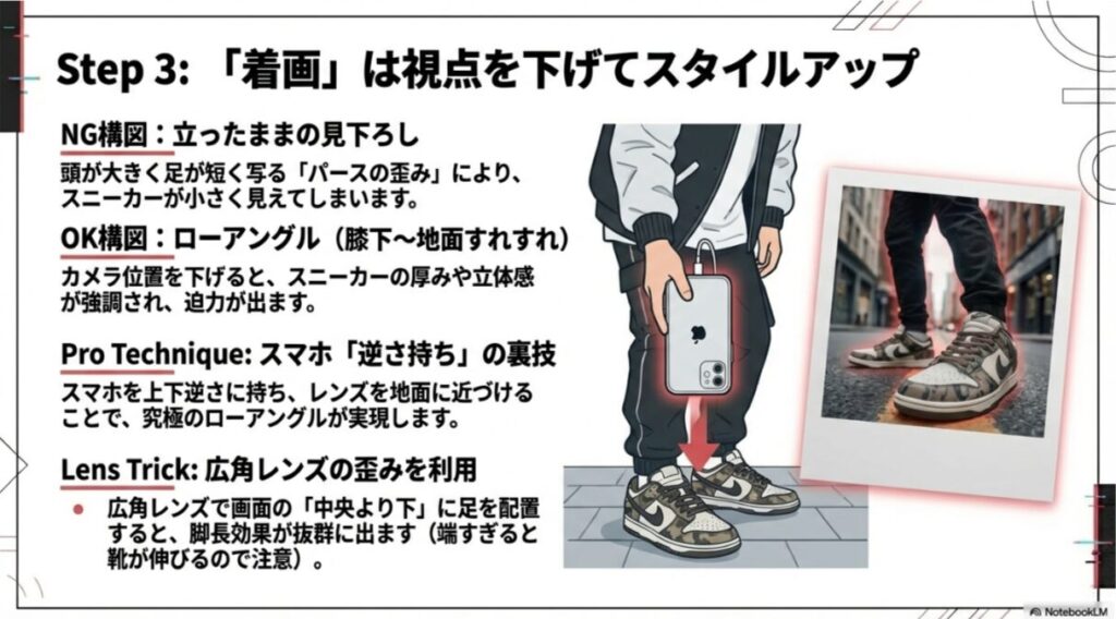 スマホを逆さまに持って地面スレスレから撮影する様子と、それによって撮影された迫力ある足元ショットのイラストと写真。