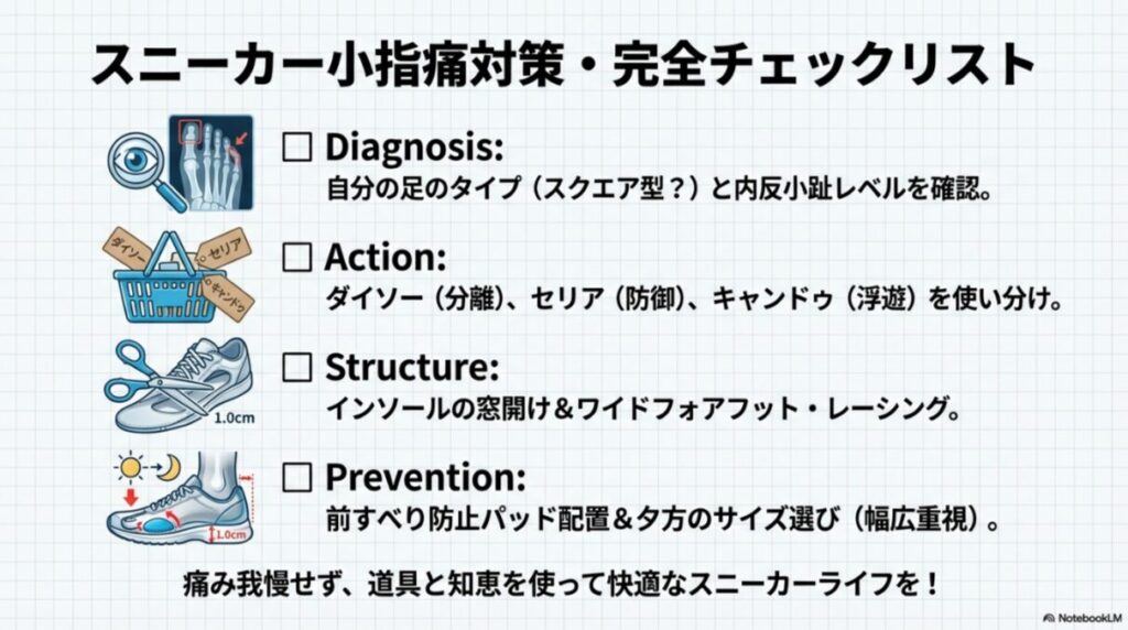 診断、行動、構造、予防の4つの観点から、これまでの対策を総復習するチェックリストのイラスト。