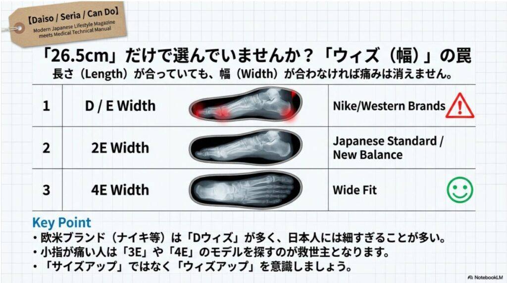 足の長さが同じでも幅（ウィズ）が違うとフィット感が異なることを示す、Dウィズから4Eまでの比較図。