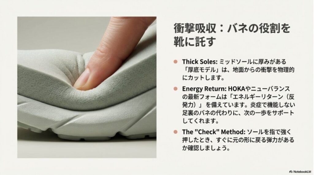 指でスニーカーのソールを強く押し、弾力を確認している様子と、厚底モデルやエネルギーリターンの重要性を説明するスライド。