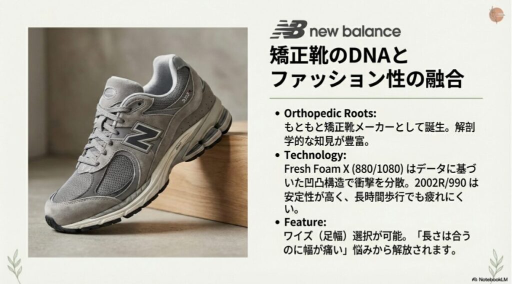 人気モデル2002Rの画像と共に、矯正靴由来の知見やFresh Foam X技術、ワイズ選択について説明するスライド。