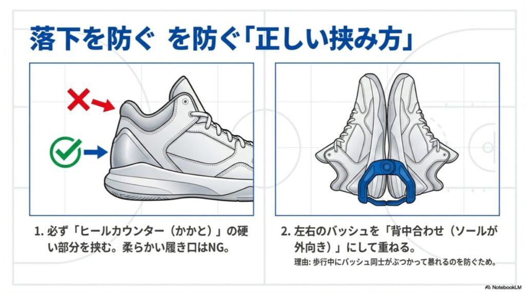 柔らかい履き口ではなく硬いヒールカウンターを挟むこと、およびソールを外側にして背中合わせに重ねることを示す正しい例(チェックマーク)と間違った例(×マーク)のイラスト。