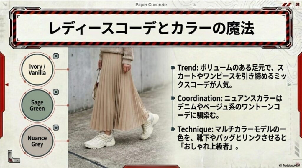 アイボリーやバニラ、セージグリーンといった女性に人気のカラー展開と、スカートやワンピースに合わせるミックスコーデのポイントを紹介したスライド。