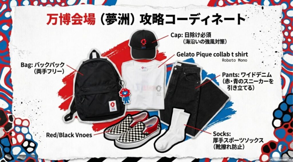 バックパック、日除けキャップ、ワイドデニム、厚手スポーツソックスなど、万博会場を歩くための推奨装備をイラストで解説。