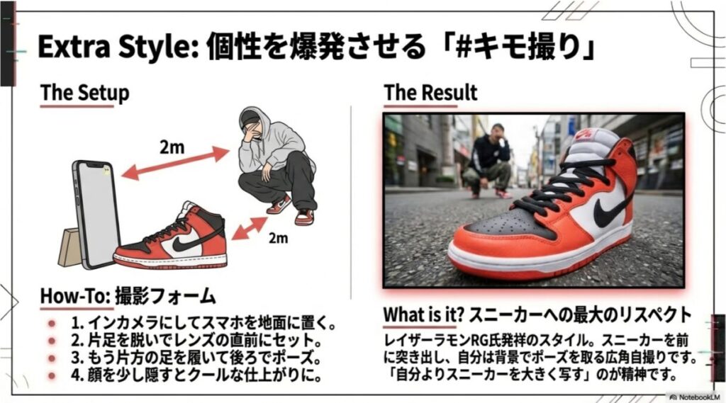 地面にスマホを置き、片方の靴をレンズ前にセットして自撮りするフォームのイラストと、完成した迫力ある写真の例。