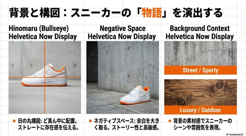 スニーカーを中央に配置した「日の丸構図」と、あえて大きな余白を作った「ネガティブスペース」の2パターンの構図例。