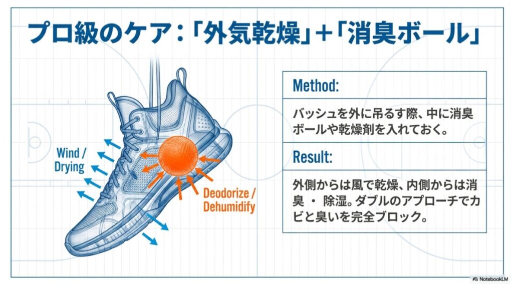 外側からは風で乾燥させ、内側には消臭ボールを入れて除湿・消臭を行うダブルアプローチの仕組みを説明したバッシュの透過図。