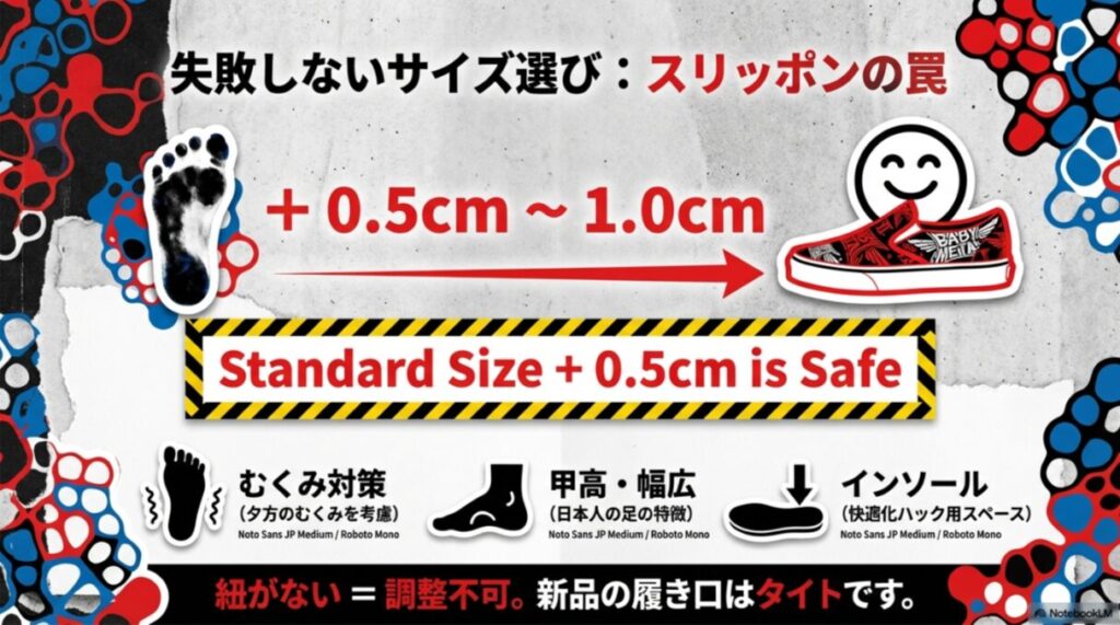 足のイラストとともに、スリッポンのサイズは+0.5cmから1.0cmアップを推奨し、夕方のむくみやタイトな履き口を考慮するよう促す解説。